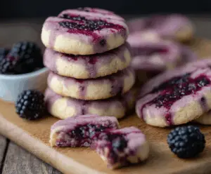 Delicious black raspberry and lemon shortbread cookies on a white plate with fresh berries and lemon slices.