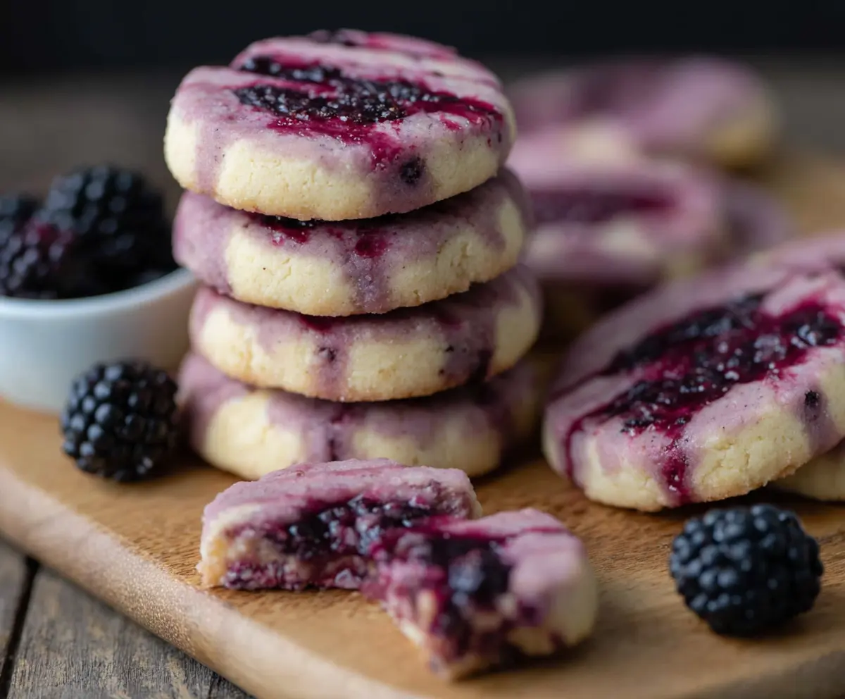 Delicious black raspberry and lemon shortbread cookies on a white plate with fresh berries and lemon slices.
