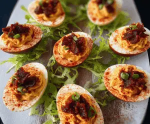 Bloody Mary Deviled Eggs garnished with celery and olive for a savory appetizer.