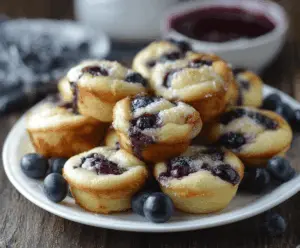 Delicious blueberry pancake bites served on a plate, perfect for breakfast or brunch.