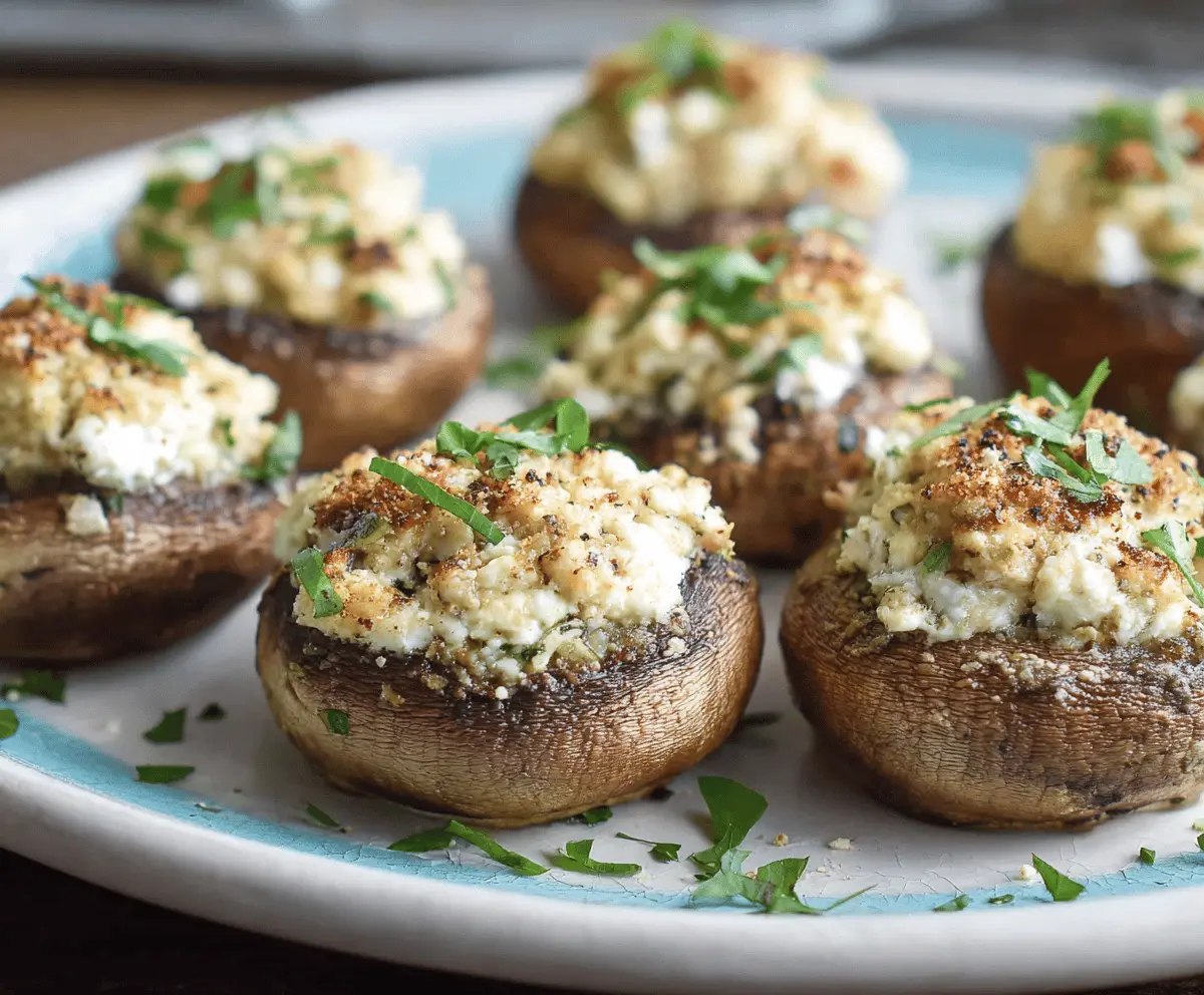 Delicious Boursin stuffed mushrooms garnished with herbs, perfect for appetizers.