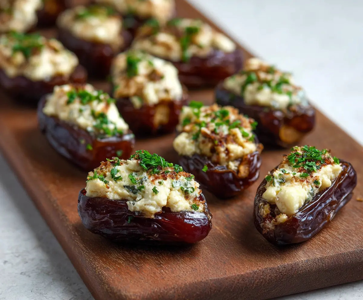 Brie stuffed dates appetizer with creamy cheese and crispy bacon wrap.