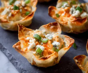 Delicious buffalo chicken wonton cups garnished with fresh herbs on a white plate.