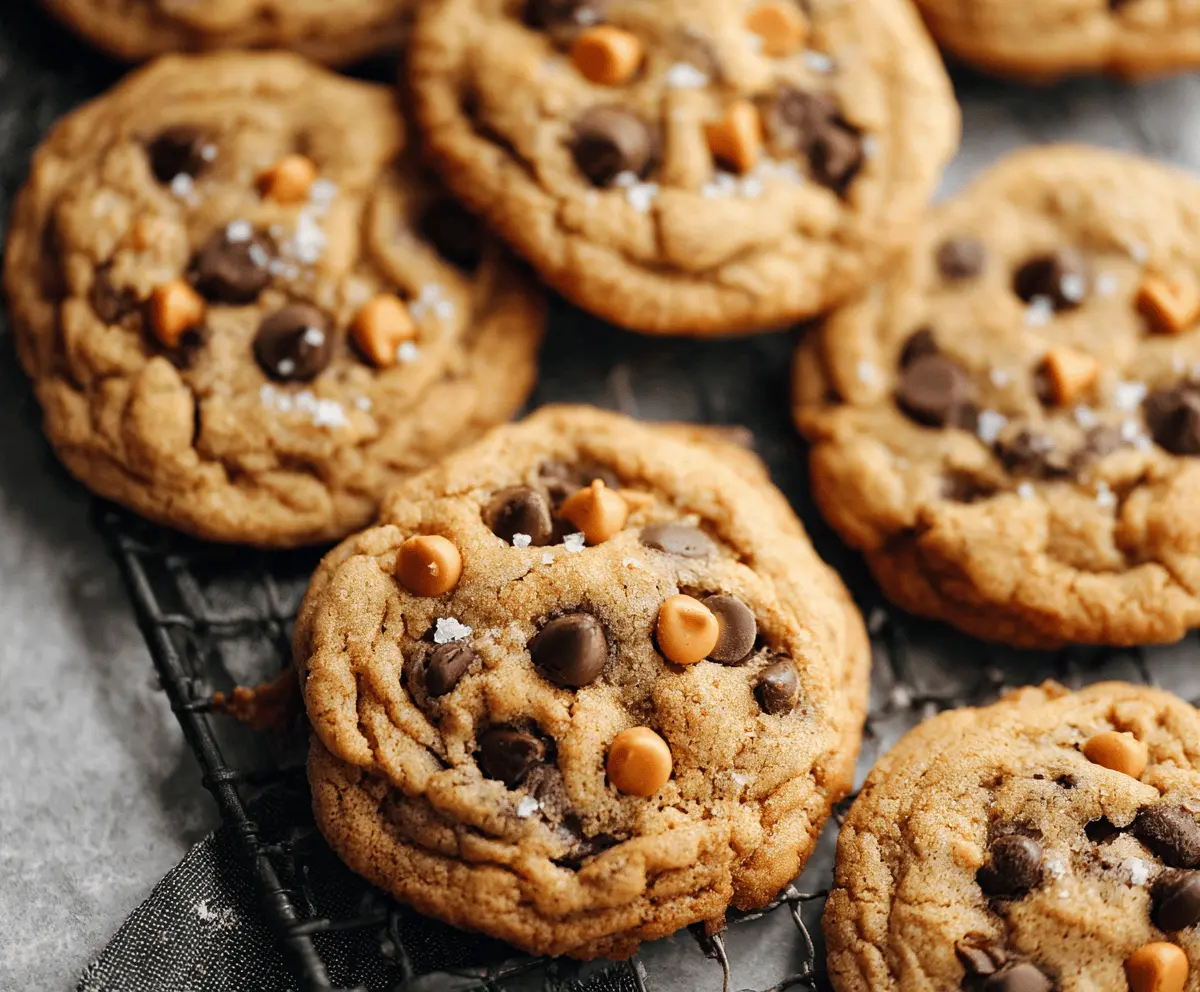 Golden-brown butterscotch chocolate chip cookies fresh out of the oven, showcasing gooey chocolate chips and butterscotch swirls.