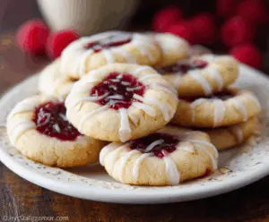 Delicious buttery raspberry jam thumbprint cookies topped with almond glaze, perfect for dessert or tea time.