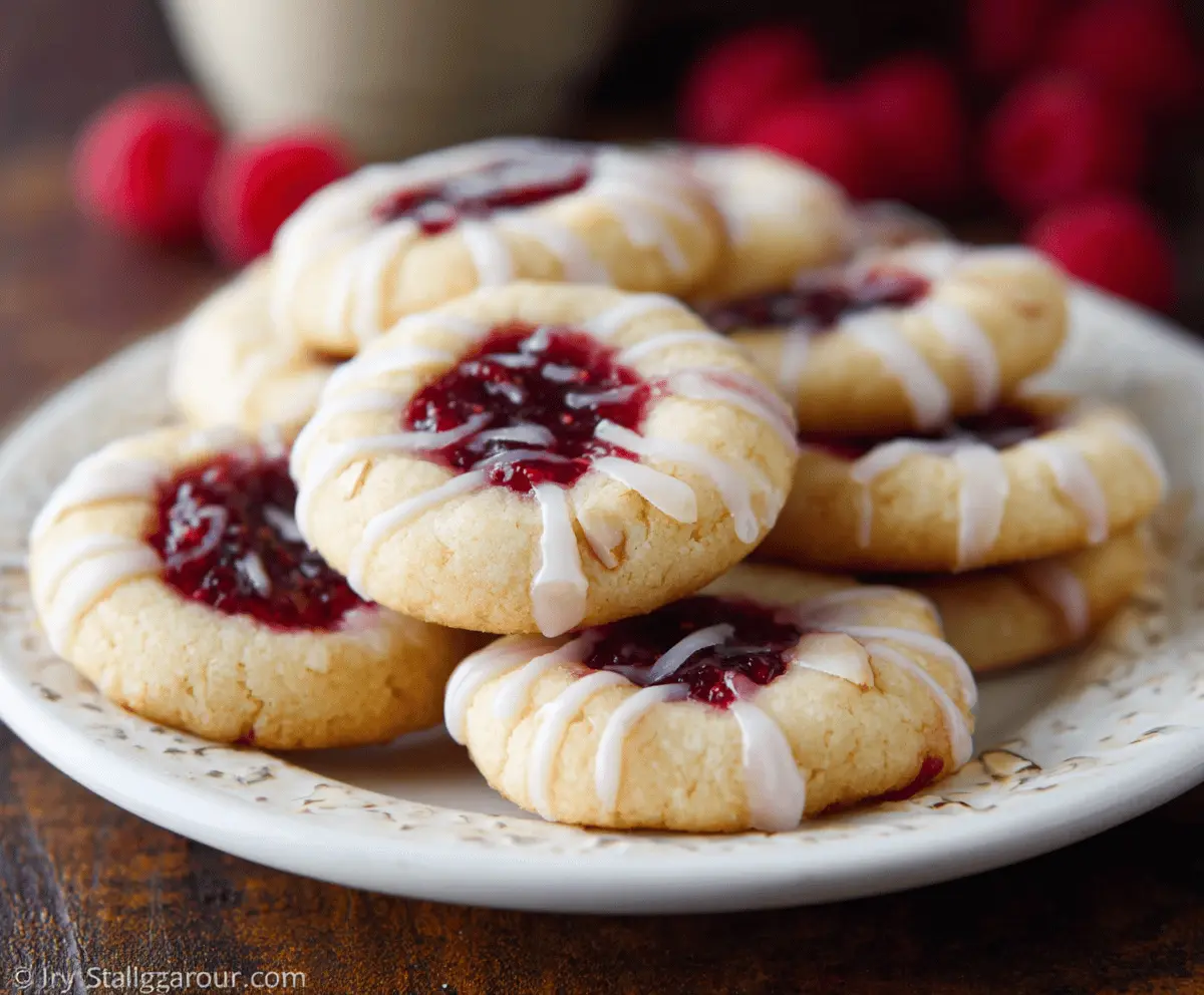 Delicious buttery raspberry jam thumbprint cookies topped with almond glaze, perfect for dessert or tea time.