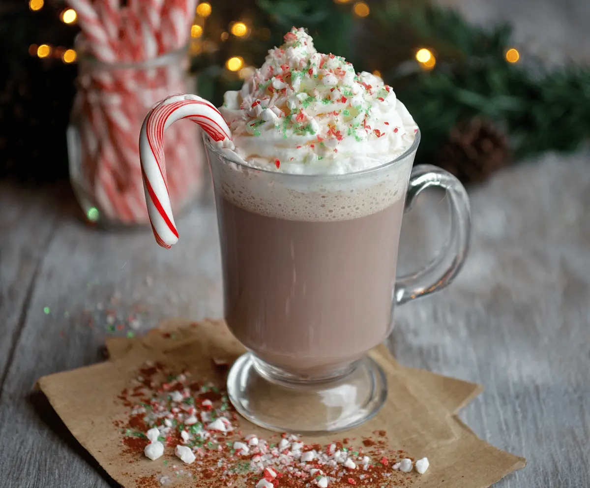Creamy Candy Cane Hot Chocolate topped with whipped cream and crushed peppermint candies.