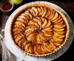 Delicious caramel apple tart topped with caramel sauce and sliced fresh apples