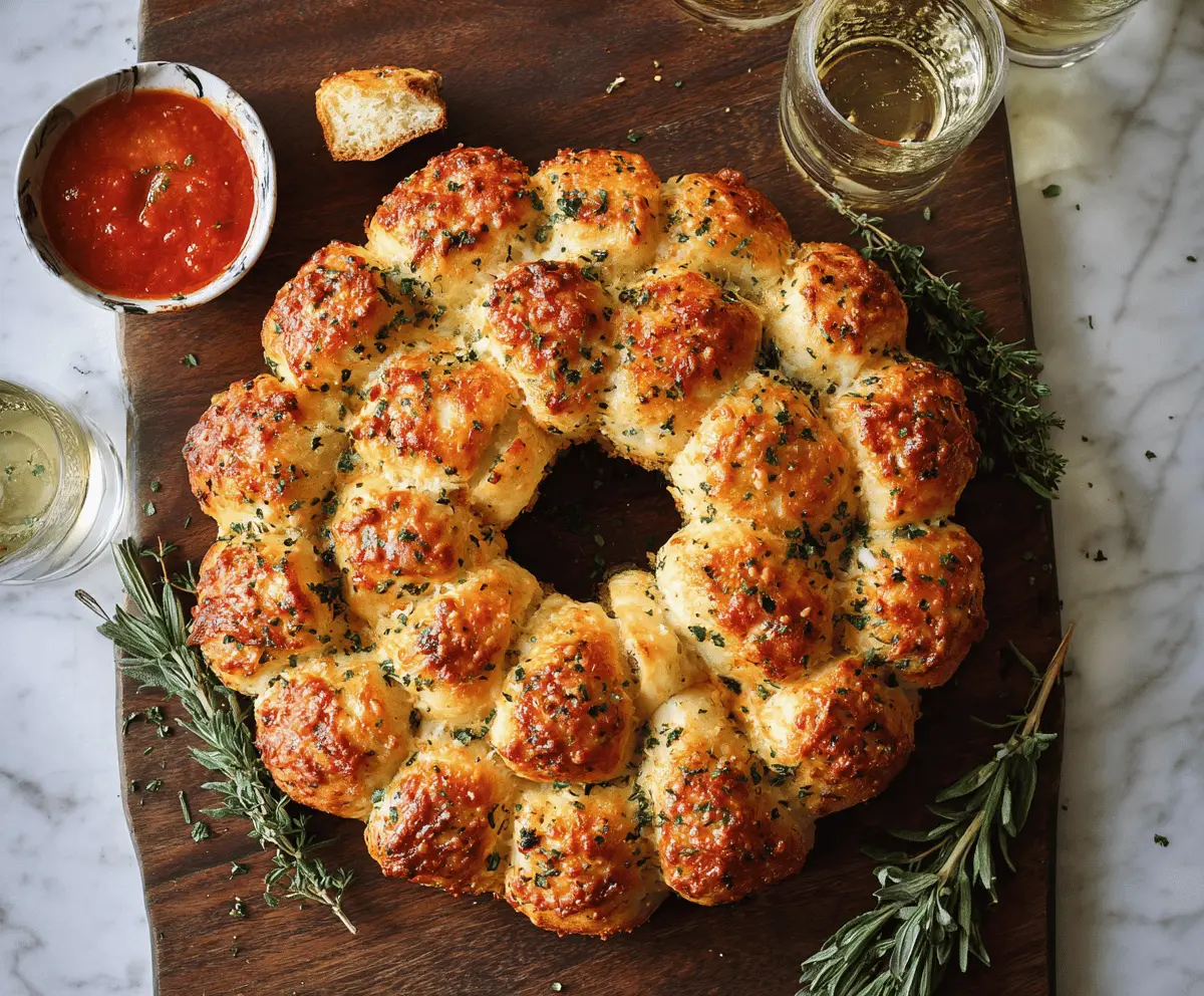 Delicious Cheesy Garlic Pull-Apart Wreath fresh out of the oven, showcasing melted cheese and crispy garlic bread.