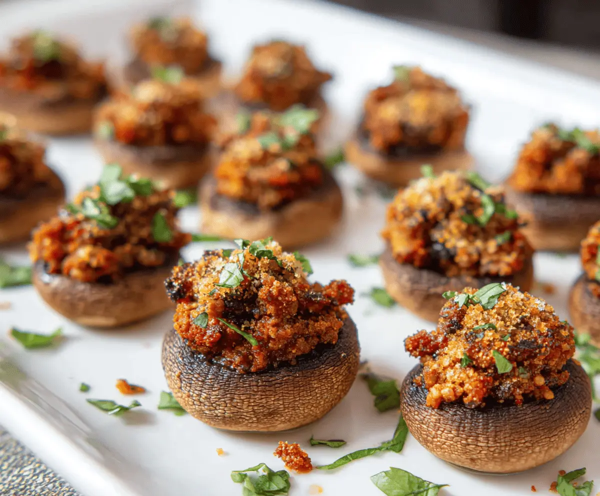 Delicious chorizo stuffed mushrooms garnished with fresh herbs, perfect for appetizers or parties.