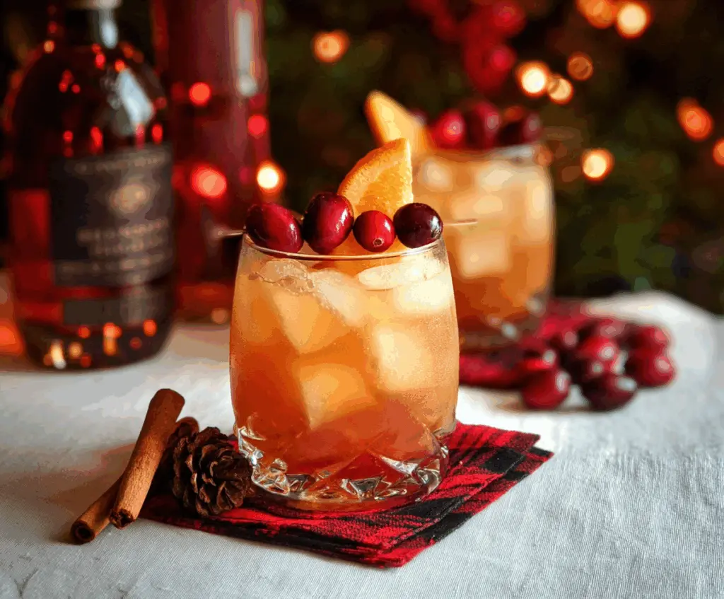 Festive Christmas bourbon cocktail garnished with cinnamon and orange slices