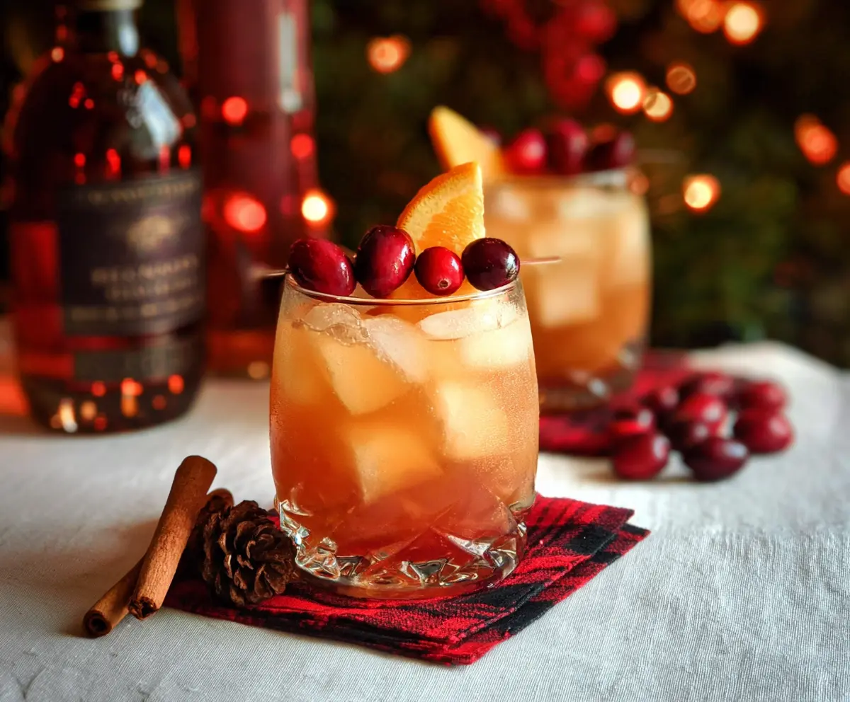 Festive Christmas bourbon cocktail garnished with cinnamon and orange slices
