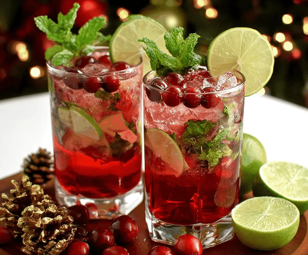Festive Christmas Cranberry Mojito with fresh cranberries and mint leaves in a cocktail glass.