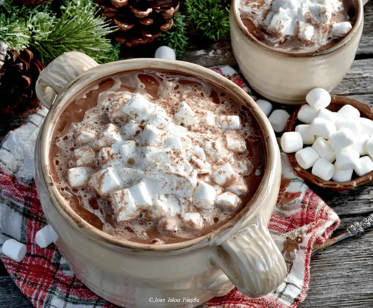 Delicious Christmas Eve Crockpot Hot Chocolate with whipped cream and topped with marshmallows.