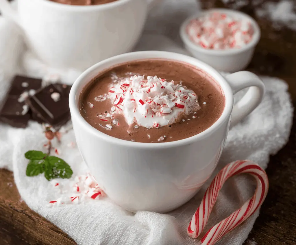 A cozy cup of Christmas peppermint hot chocolate topped with whipped cream and crushed peppermint candies for a festive holiday treat.
