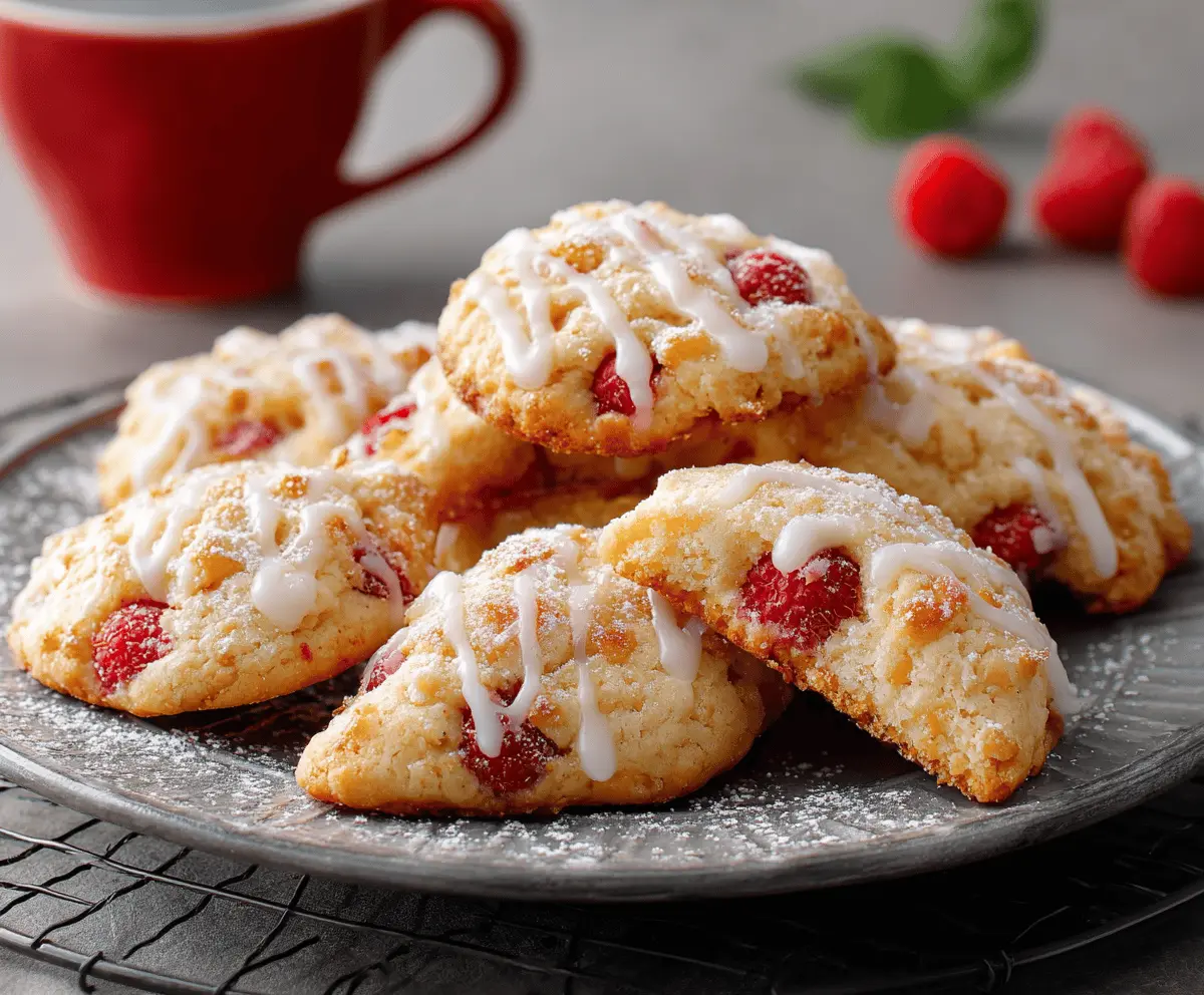 Delicious Cottage Cheese Raspberry Cookies on a plate, showing a golden-brown crust and vibrant raspberry filling.