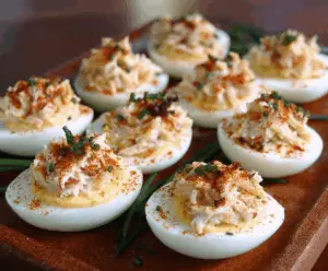 Crab-stuffed deviled eggs garnished with fresh herbs on a white plate