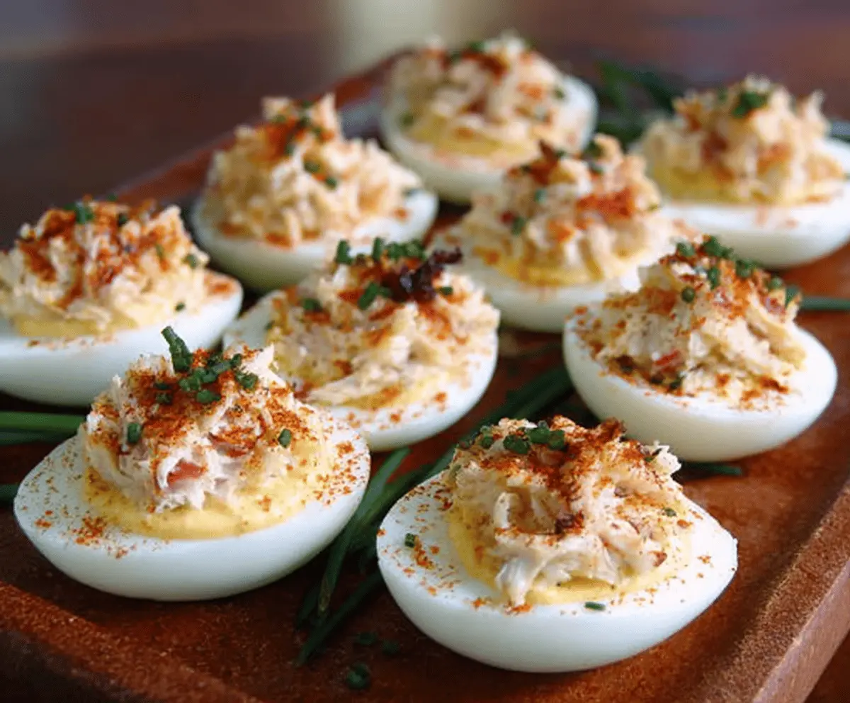 Crab-stuffed deviled eggs garnished with fresh herbs on a white plate