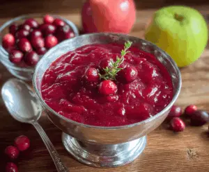 Homemade cranberry apple sauce in a glass bowl with fresh cranberries and sliced apples