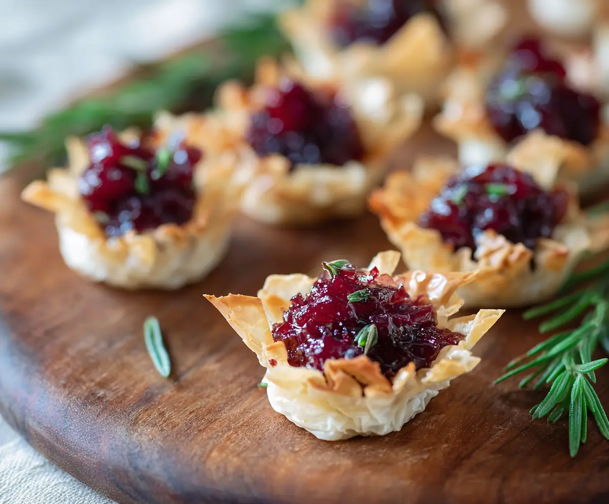 Delicious Cranberry Brie Phyllo Cups with fresh cranberries and melted Brie cheese.