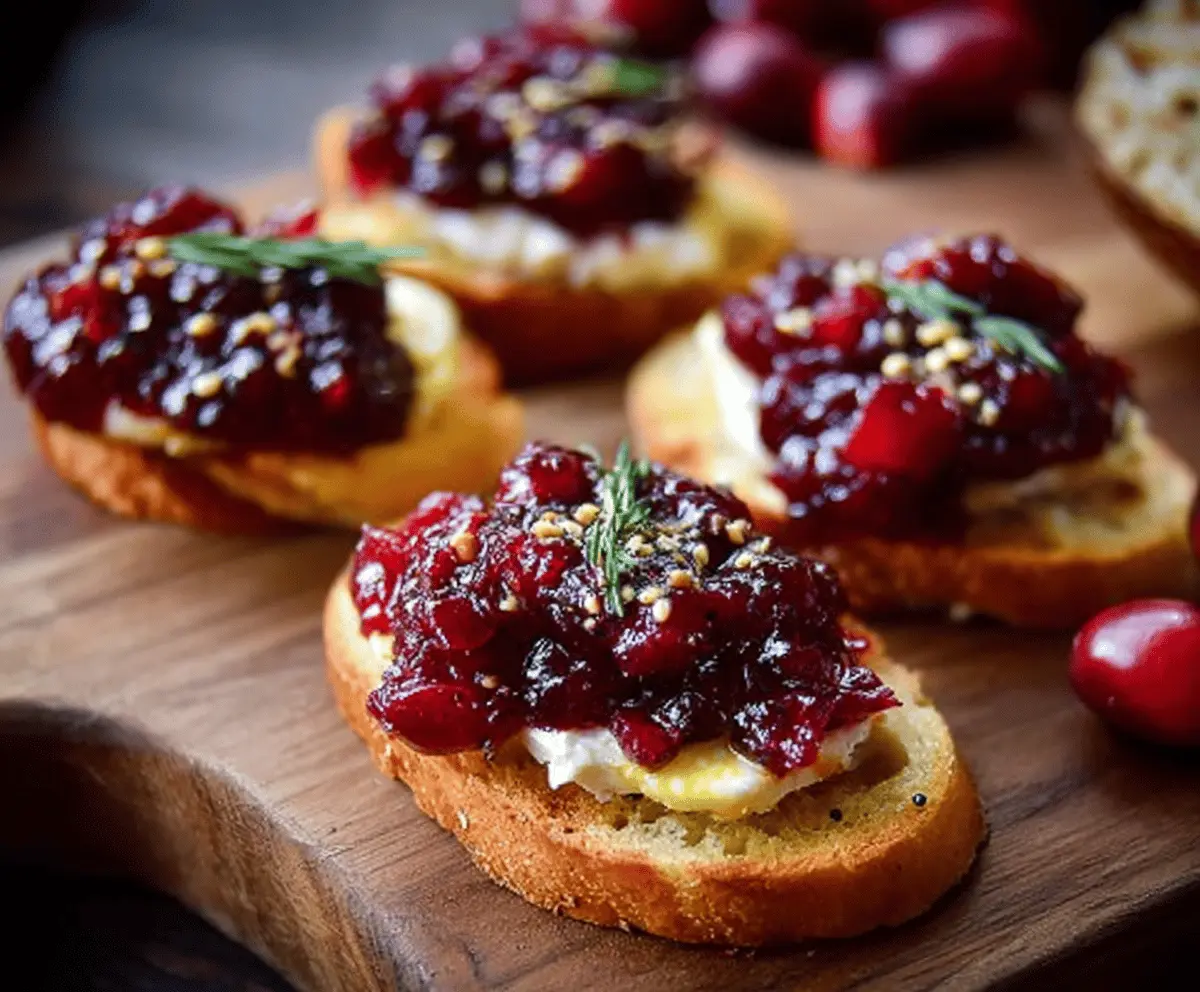 Cranberry Chutney Crostini topped with fresh herbs on a white plate, perfect for holiday appetizers.