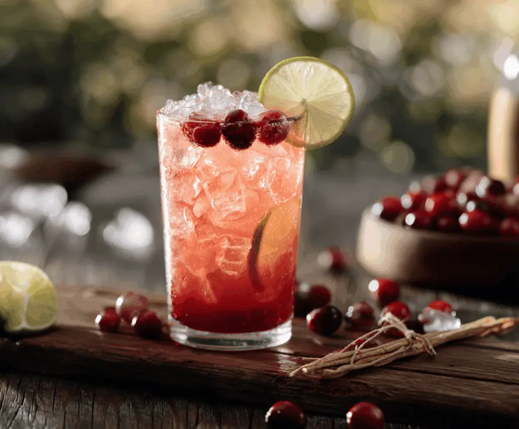 Refreshing Cranberry Ginger Paloma cocktail garnished with fresh cranberries and lime wedge.