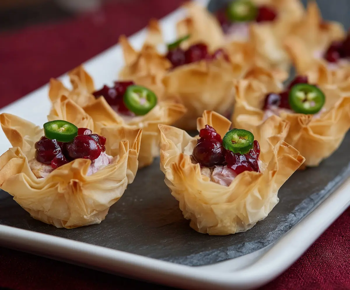 Delicious Cranberry Jalapeno Phyllo Cups featuring vibrant cranberries and spicy jalapenos in crispy phyllo shell
