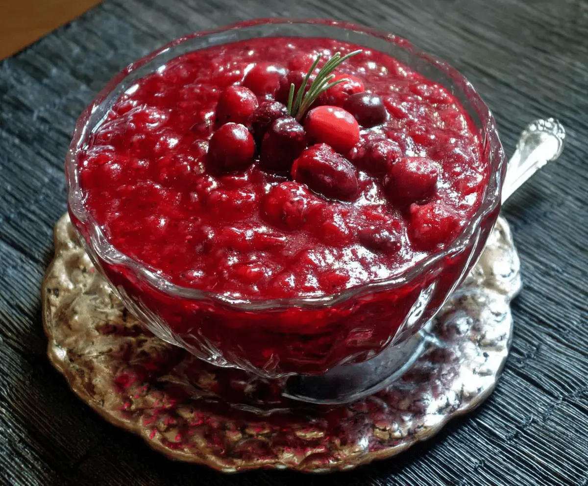 A jar of homemade Cranberry Jezebel Sauce with fresh cranberries and citrus slices.
