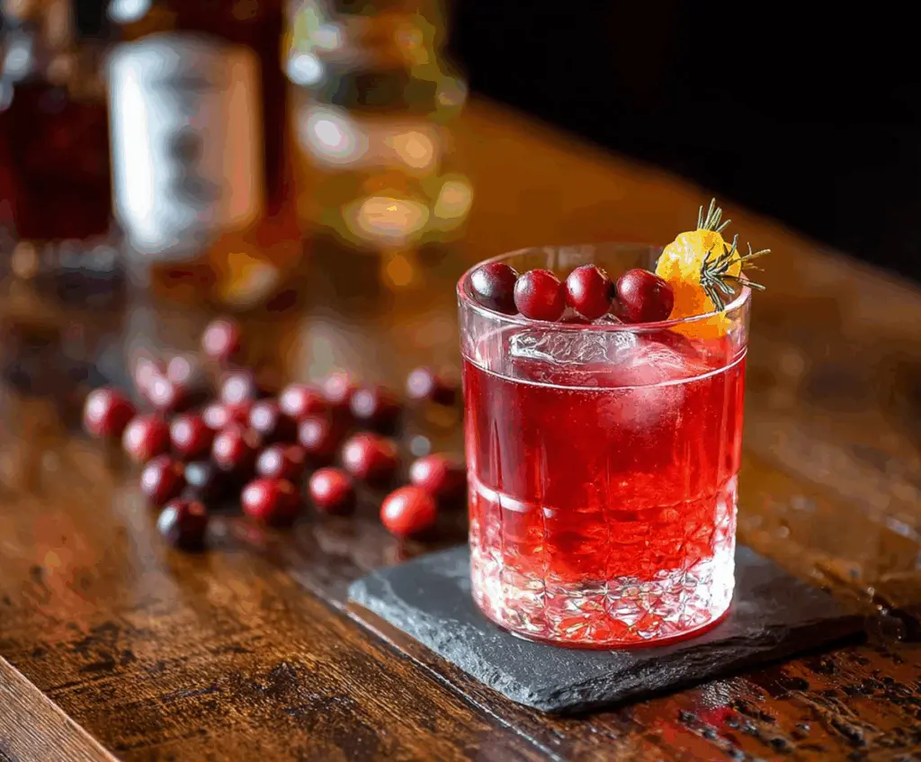 Refreshing Cranberry Negroni cocktail garnished with fresh cranberries and orange rind.