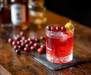 Refreshing Cranberry Negroni cocktail garnished with fresh cranberries and orange rind.
