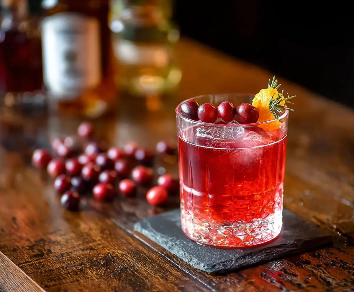 Refreshing Cranberry Negroni cocktail garnished with fresh cranberries and orange rind.