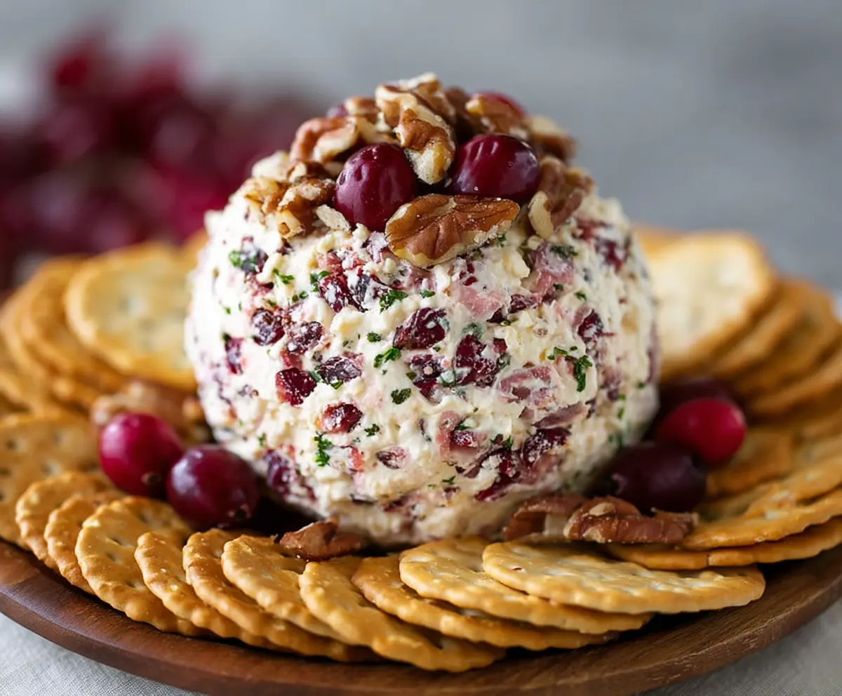 Cranberry Nut Cream Cheese Ball with dried cranberries and chopped nuts served on a platter