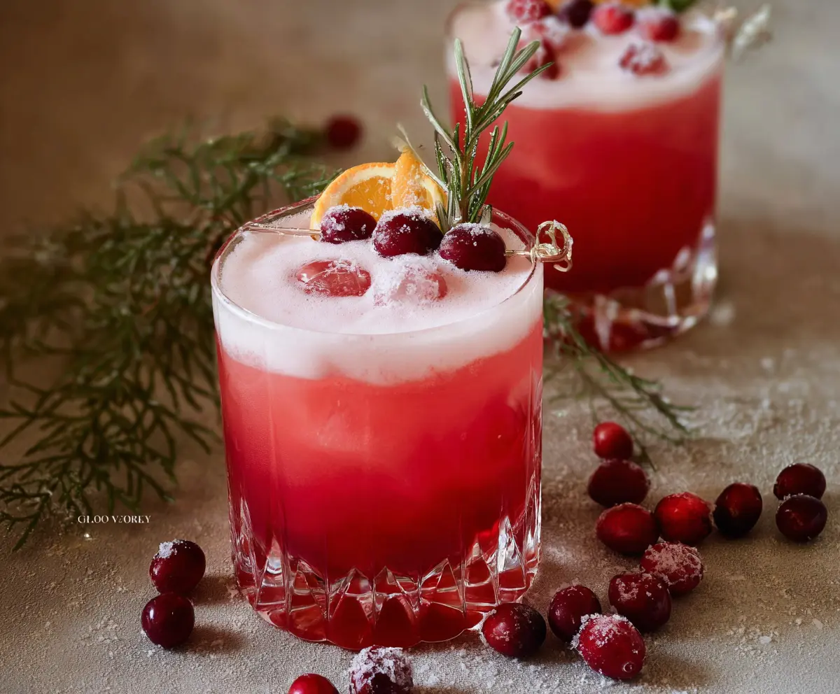Refreshing Cranberry Whiskey Sour cocktail garnished with fresh cranberries and a lemon wedge.