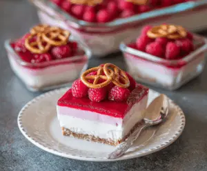 Delicious Creamy Raspberry Pretzel Dessert in a glass dish with fresh raspberries and crushed pretzels