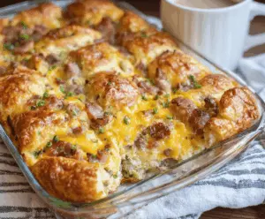Delicious Crescent Roll Breakfast Casserole topped with fresh herbs and cheese, served in a baking dish.
