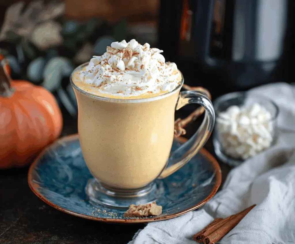 Creamy Crockpot Pumpkin Pie White Hot Chocolate garnished with whipped cream and a cinnamon stick.
