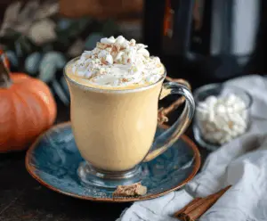 Creamy Crockpot Pumpkin Pie White Hot Chocolate garnished with whipped cream and a cinnamon stick.