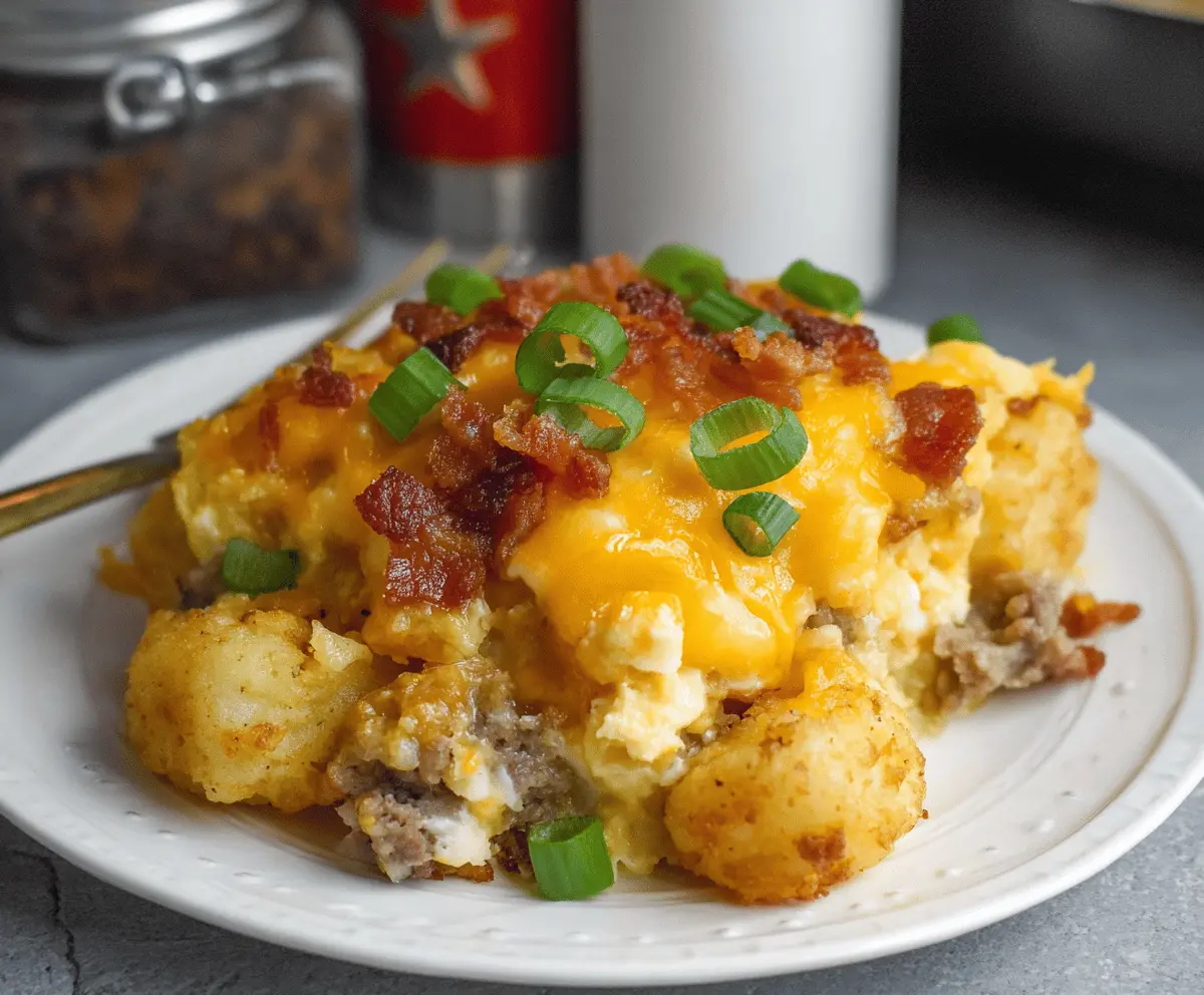 Delicious Crockpot Tater Tot Breakfast Casserole with eggs, cheese, and crispy tater tots ready to serve.