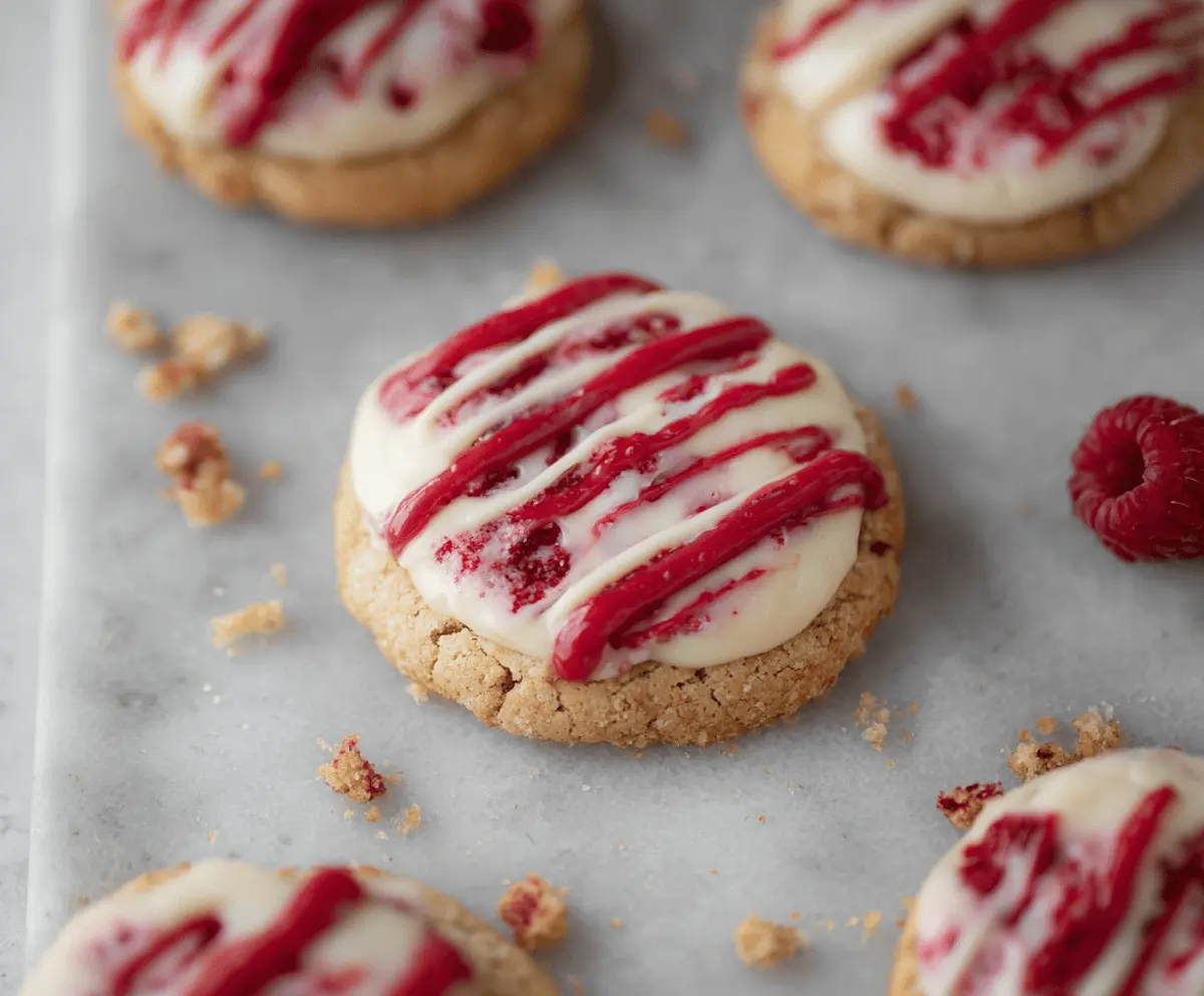 Delicious Crumbl Raspberry Cheesecake Cookies with fresh raspberries and creamy cheesecake filling