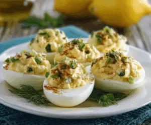 Delicious feta cheese stuffed deviled eggs on a white plate, perfect for appetizers