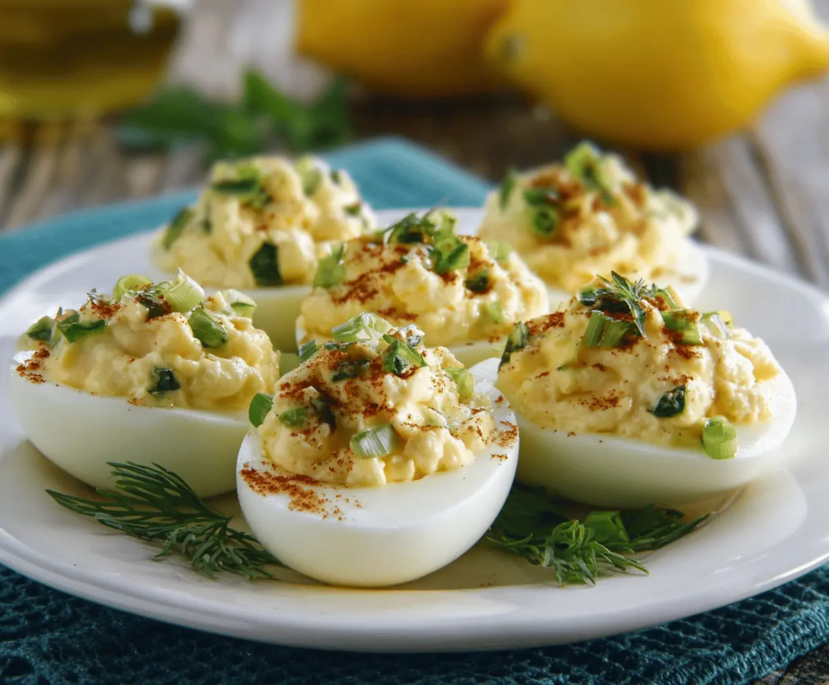 Delicious feta cheese stuffed deviled eggs on a white plate, perfect for appetizers