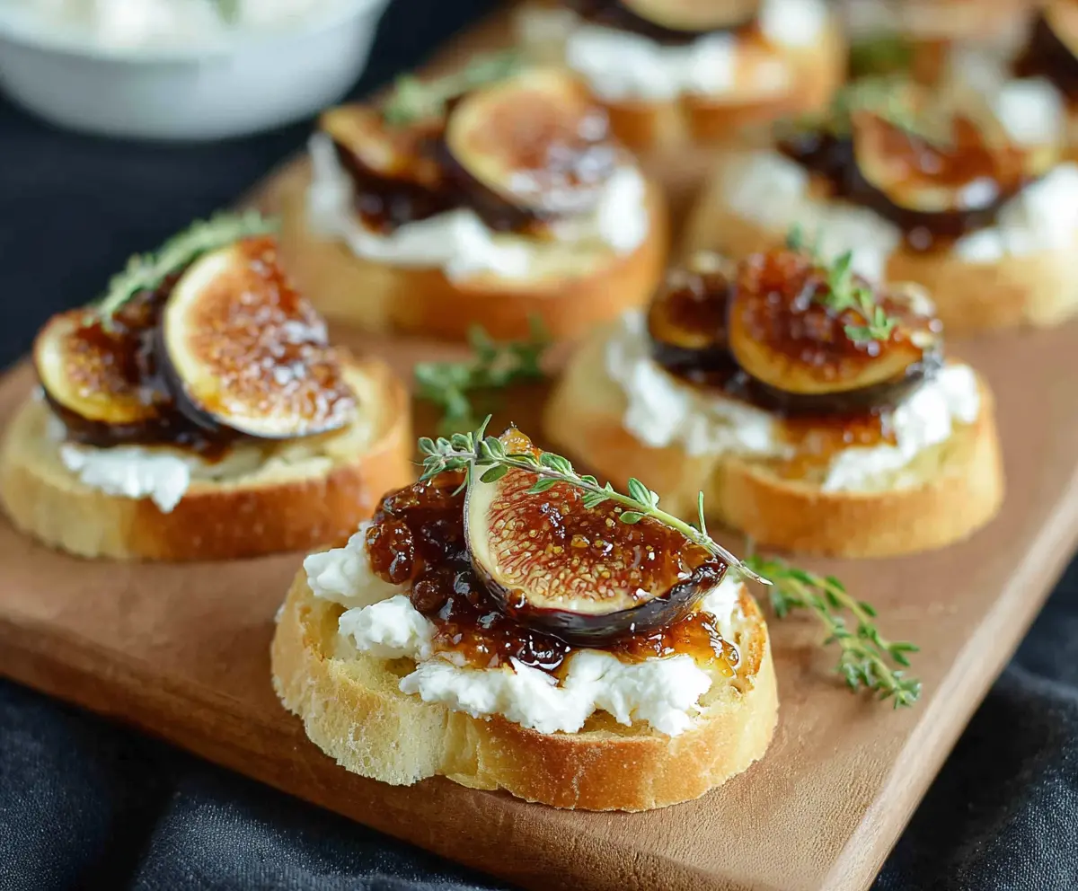 Delicious Fig Jam Goat Cheese Crostini with fresh figs and herbs on toasted baguette.