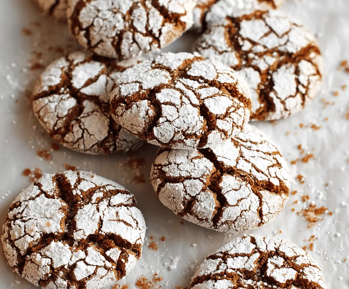 Delicious gingerbread crinkle cookies topped with powdered sugar, perfect for the holiday season.