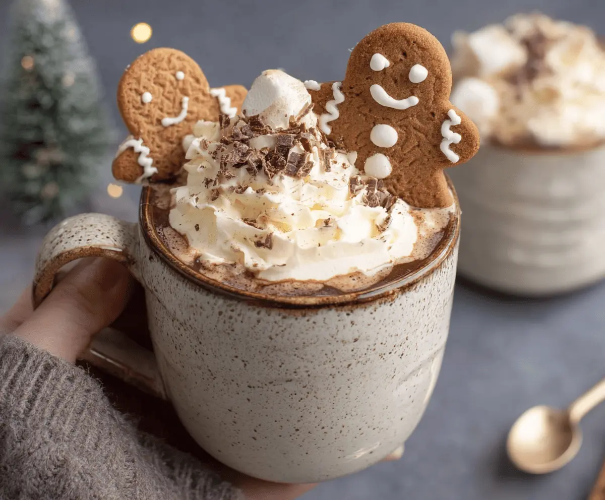 A warm mug of gingerbread hot chocolate topped with whipped cream and a cinnamon stick.