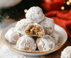 Delicious gingerbread snowball cookies coated in powdered sugar on a festive platter