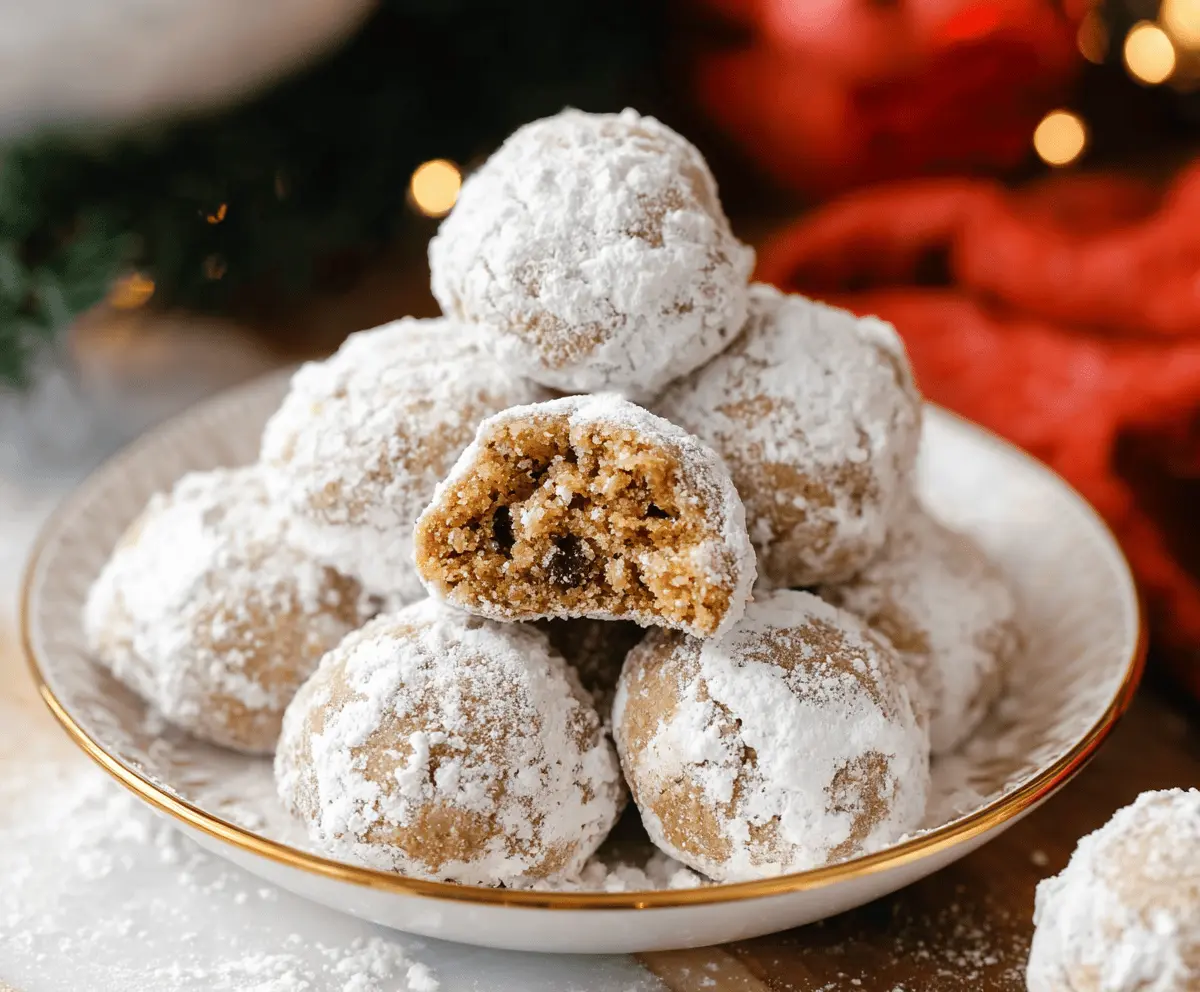 Delicious gingerbread snowball cookies coated in powdered sugar on a festive platter
