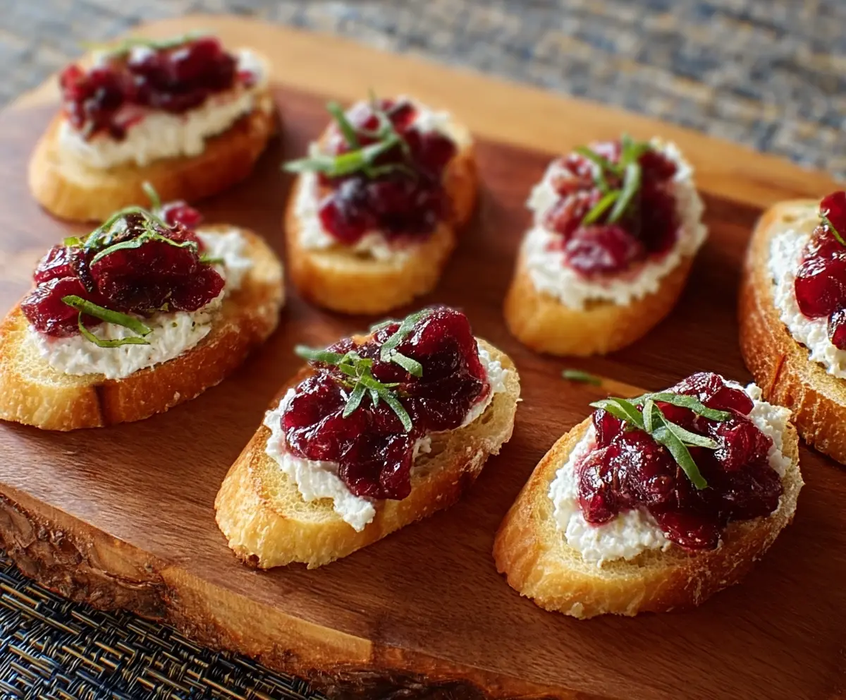 Delicious goat cheese and cranberry crostini served on a wooden platter for appetizer
