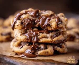 Delicious gooey chocolate chip cookies fresh out of the oven, showcasing melted chocolate chips and chewy texture.