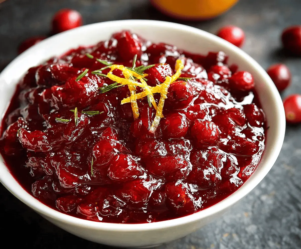 Jar of homemade Grand Marnier cranberry sauce with fresh cranberries and orange zest for holiday dessert