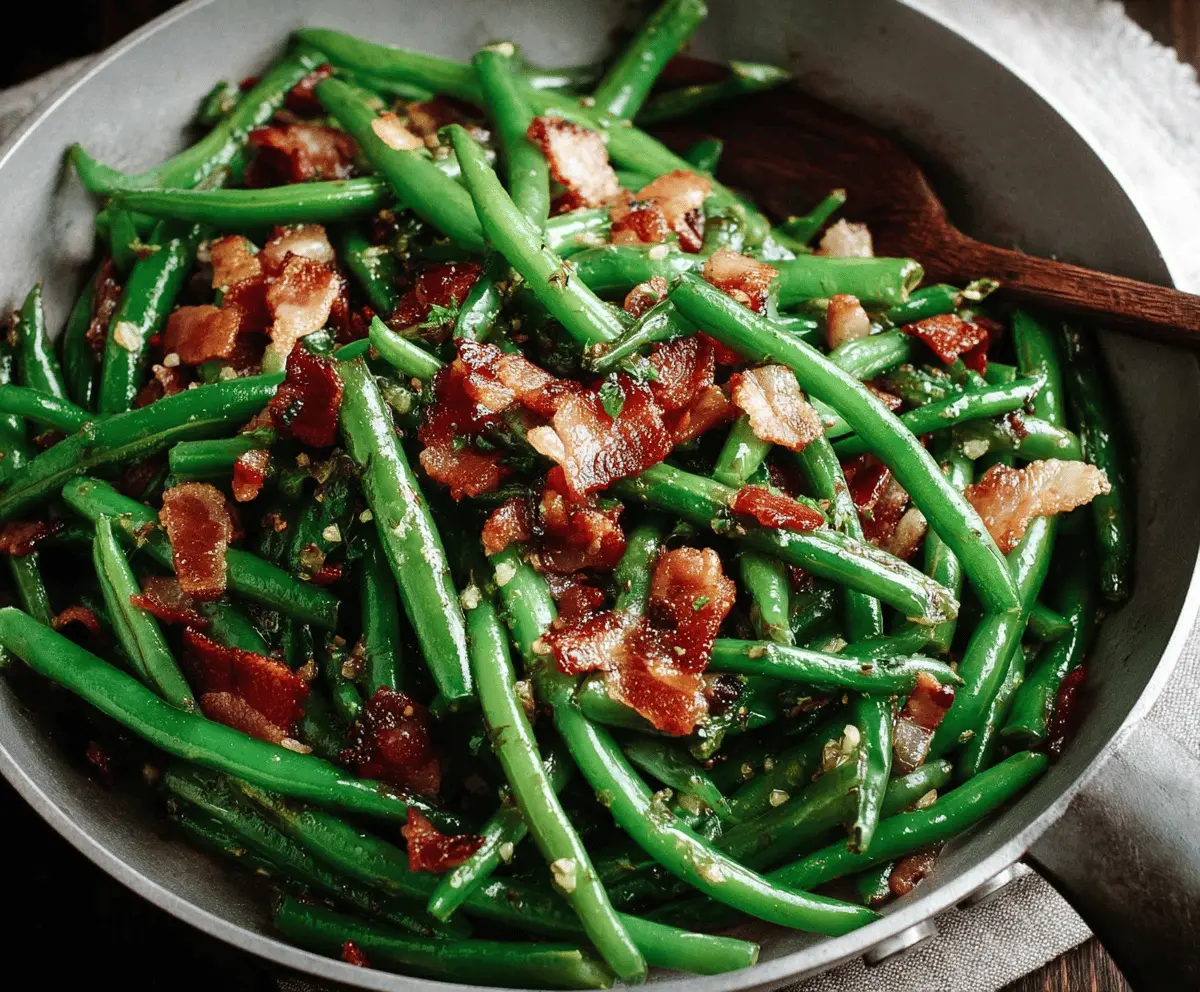 Savory green beans with crispy bacon bits for a flavorful side dish.